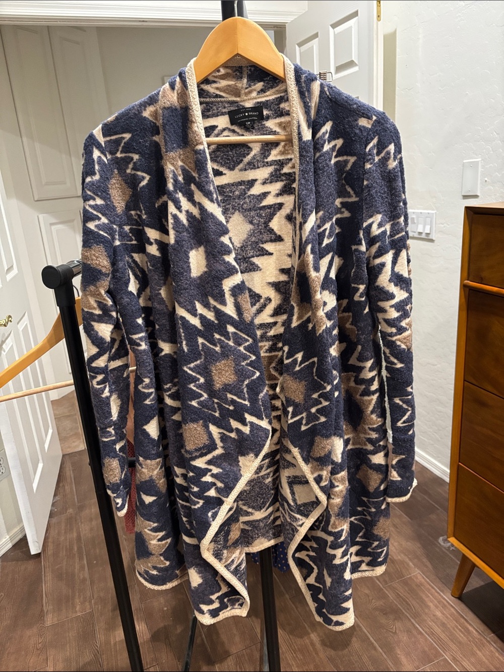 Lucky Brand Aztec Open-Front Cardigan Sweater Navy & Cream Size S